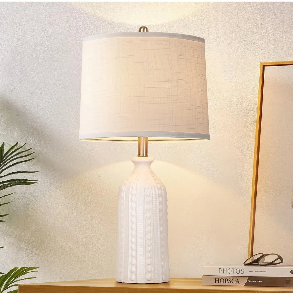 3-Way Dimmable White Ceramic Table Lamp with White Drum Slub Shade & Bulb-24.5”